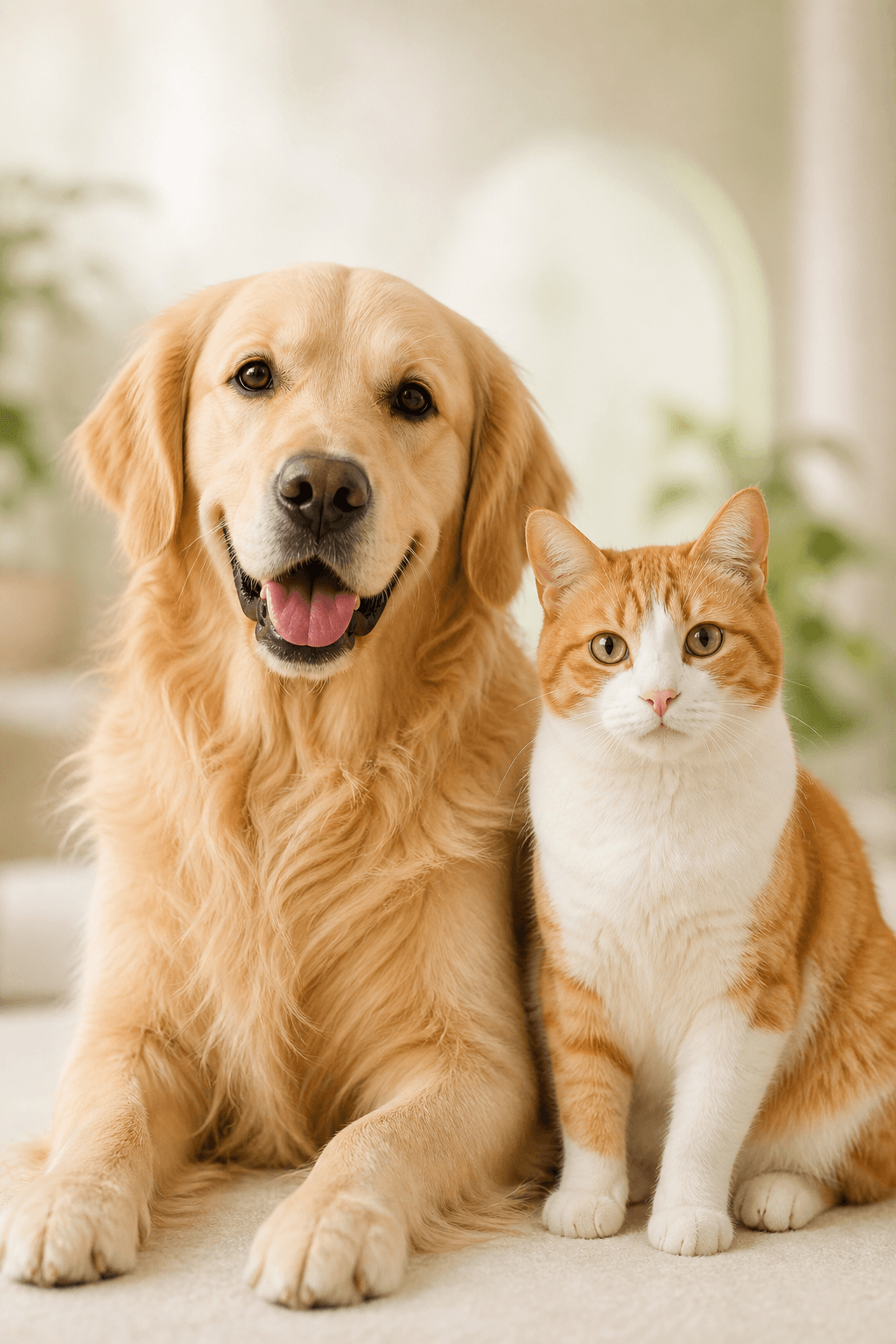 Un golden retriever et un chat roux en bonne santé